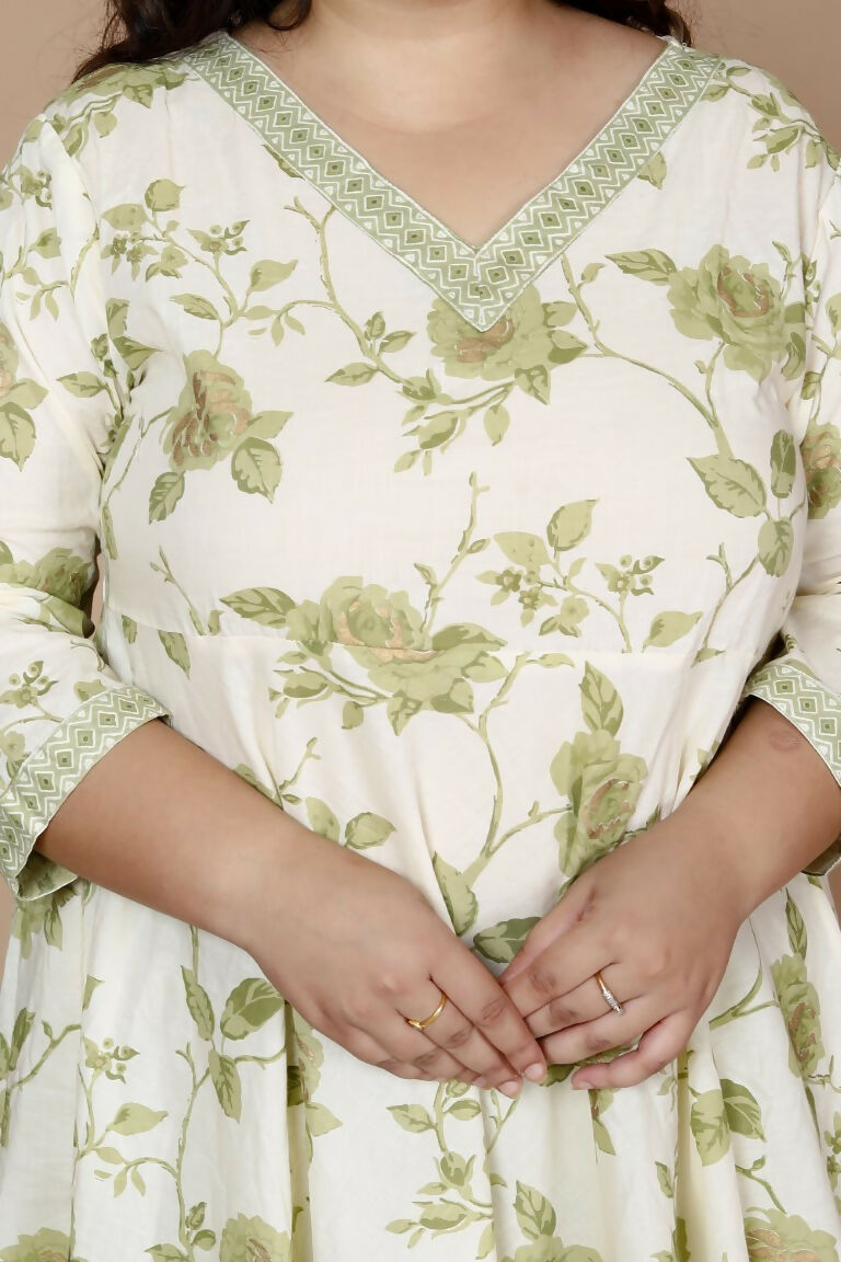 Miravan Women's Plus Size Green Printed Pure Cotton Kurta With Palazzo | Grocsy