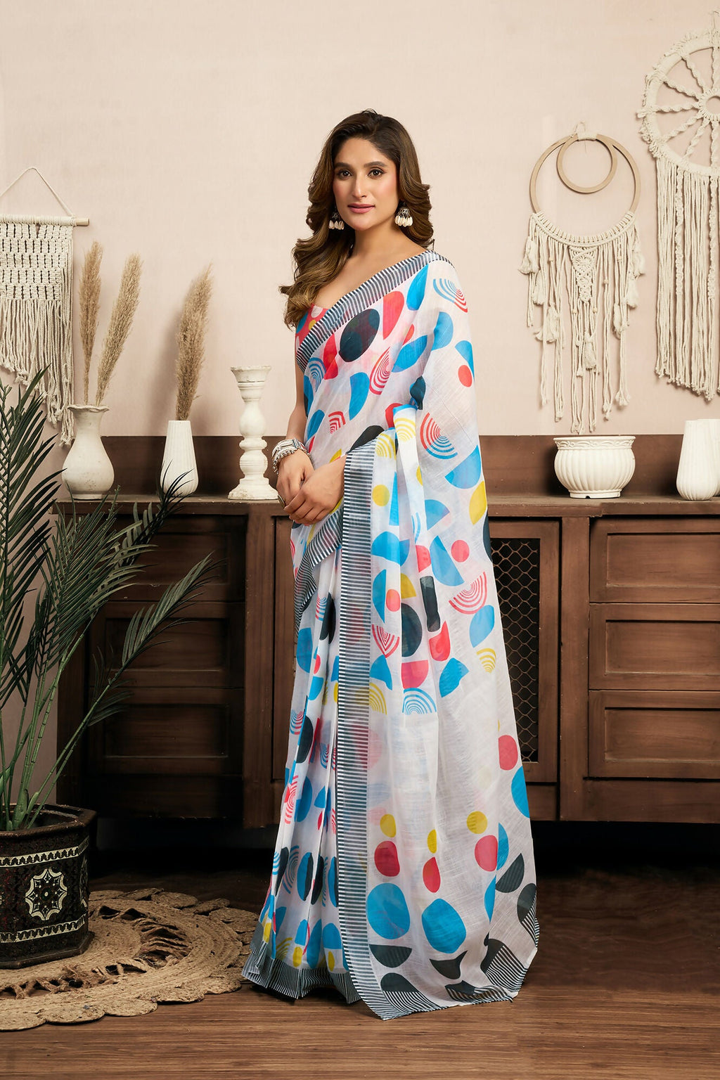 Vastranavya Multicolor Digital Printed Linen Ready To Wear Designer Saree with Unstitched Blouse | Grocsy