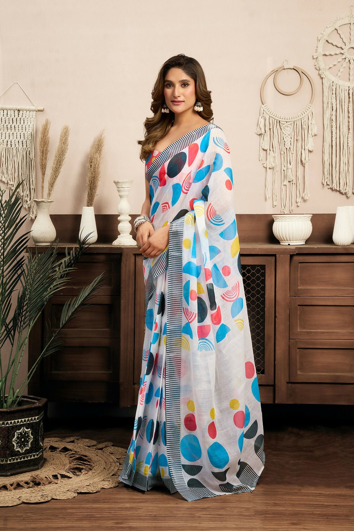 Vastranavya Multicolor Digital Printed Linen Ready To Wear Designer Saree with Unstitched Blouse | Grocsy