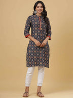 Juniper Women's Navy Printed Straight Knee Length Kurta | Grocsy