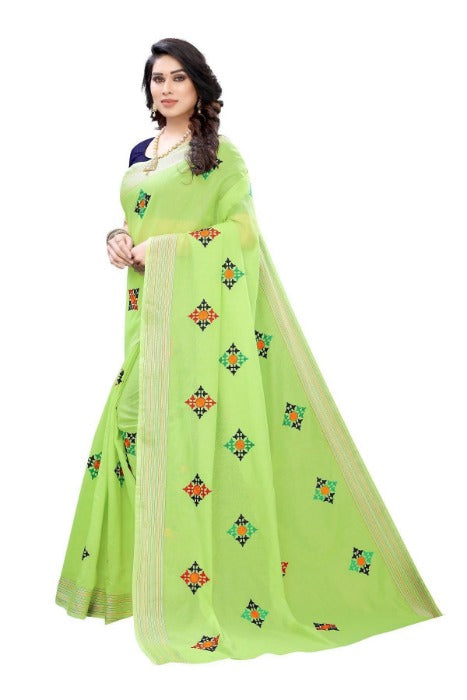 Vamika Chanderi Cotton Embroidery Green Saree (Dixa Green) | Grocsy