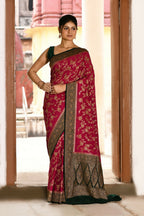 Joban Fashion Hot Pink Crepe Chiffon Pure Handloom Banarasi Silk Saree | Grocsy