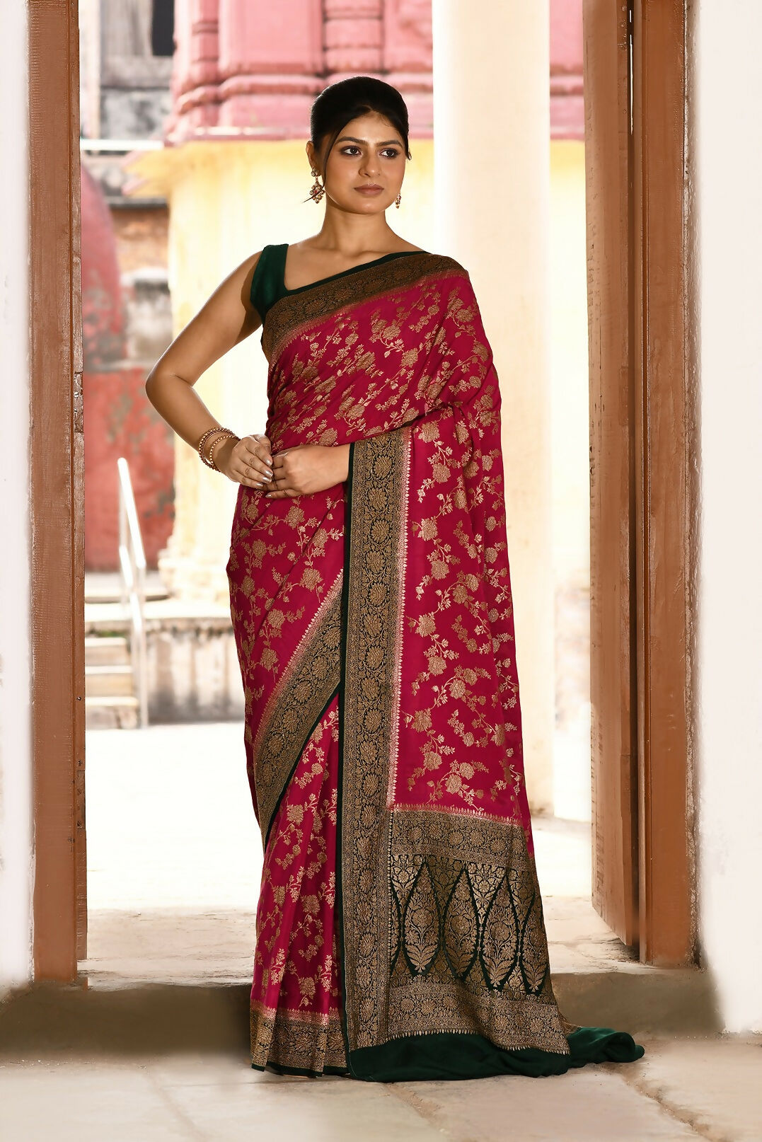 Joban Fashion Hot Pink Crepe Chiffon Pure Handloom Banarasi Silk Saree | Grocsy