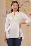 Juniper Women White Cotton Moss Embroidered A-Line Tunic | Grocsy