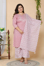 Miravan Women's Plus Size Pink Floral Printed Gotta Patti Pure Cotton Kurta With Palazzo & Dupatta Set | Grocsy