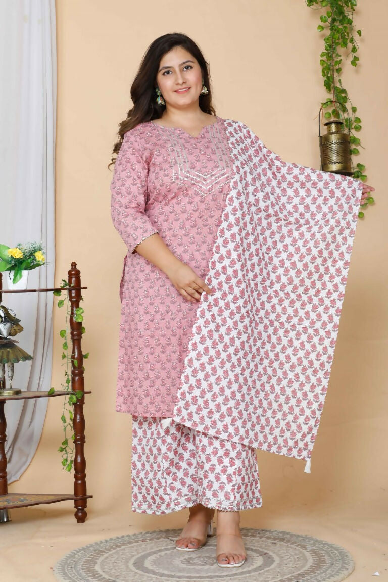 Miravan Women's Plus Size Pink Floral Printed Gotta Patti Pure Cotton Kurta With Palazzo & Dupatta Set | Grocsy