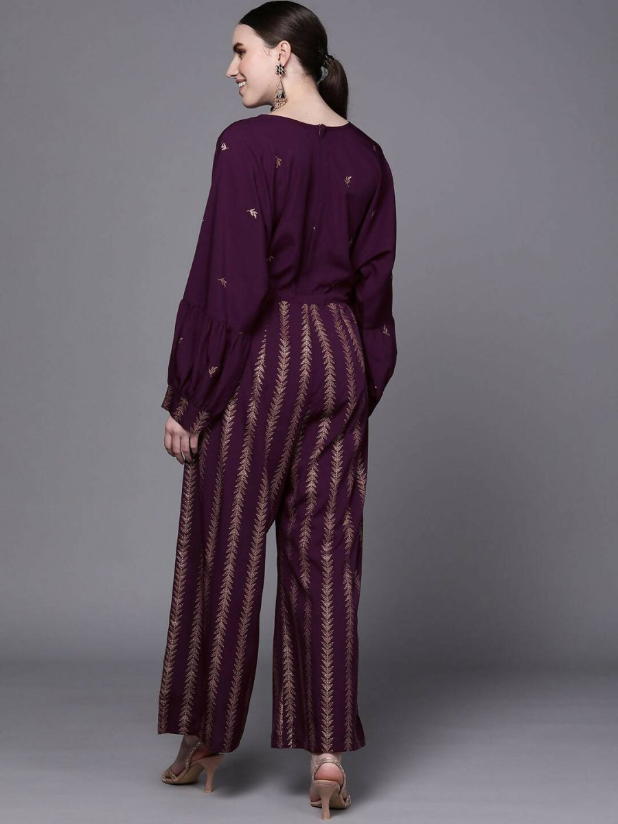 Ahalyaa Purple & Golden Printed Basic Jumpsuit | Grocsy