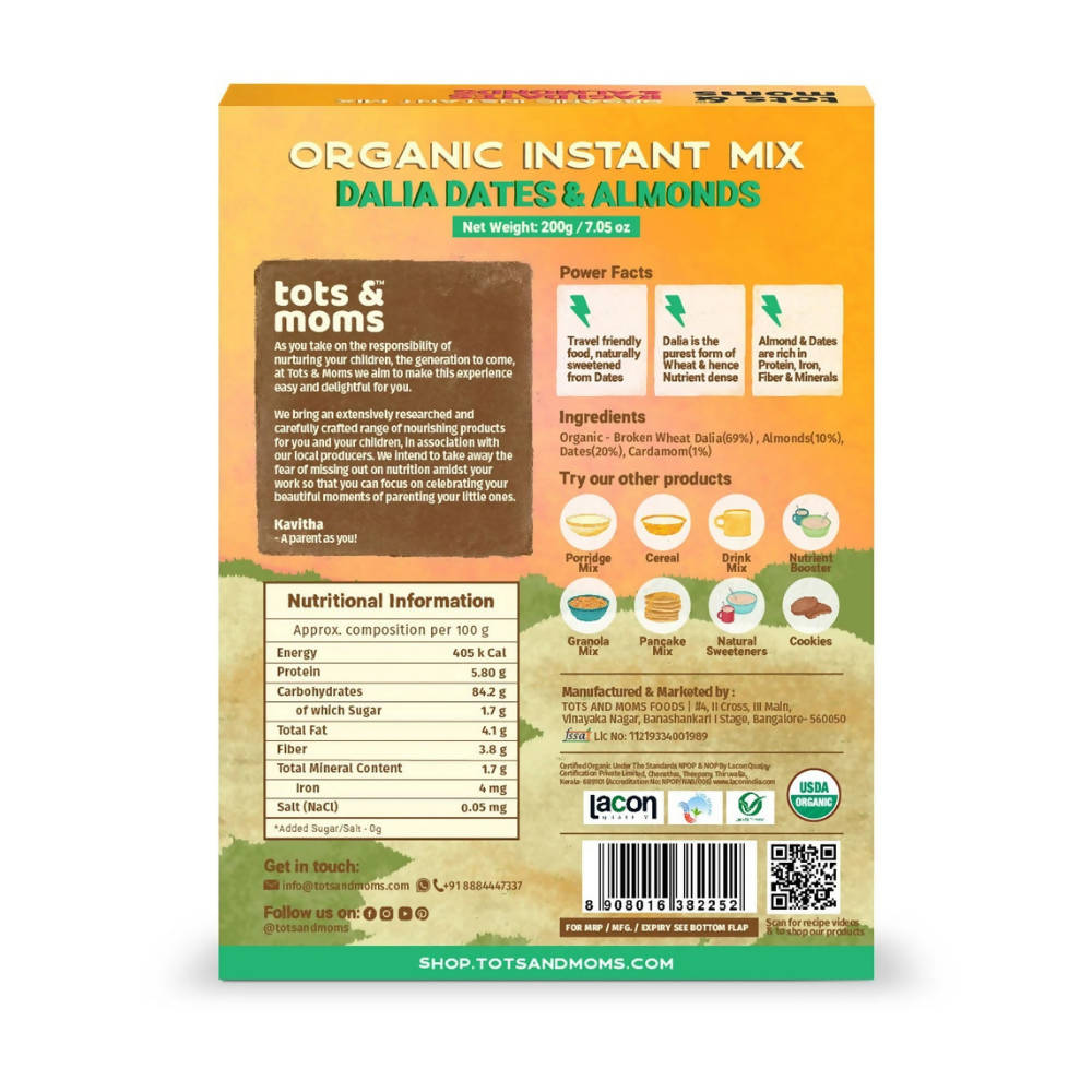 Tots and Moms Organic Dalia Dates & Almonds Instant Mix | Grocsy