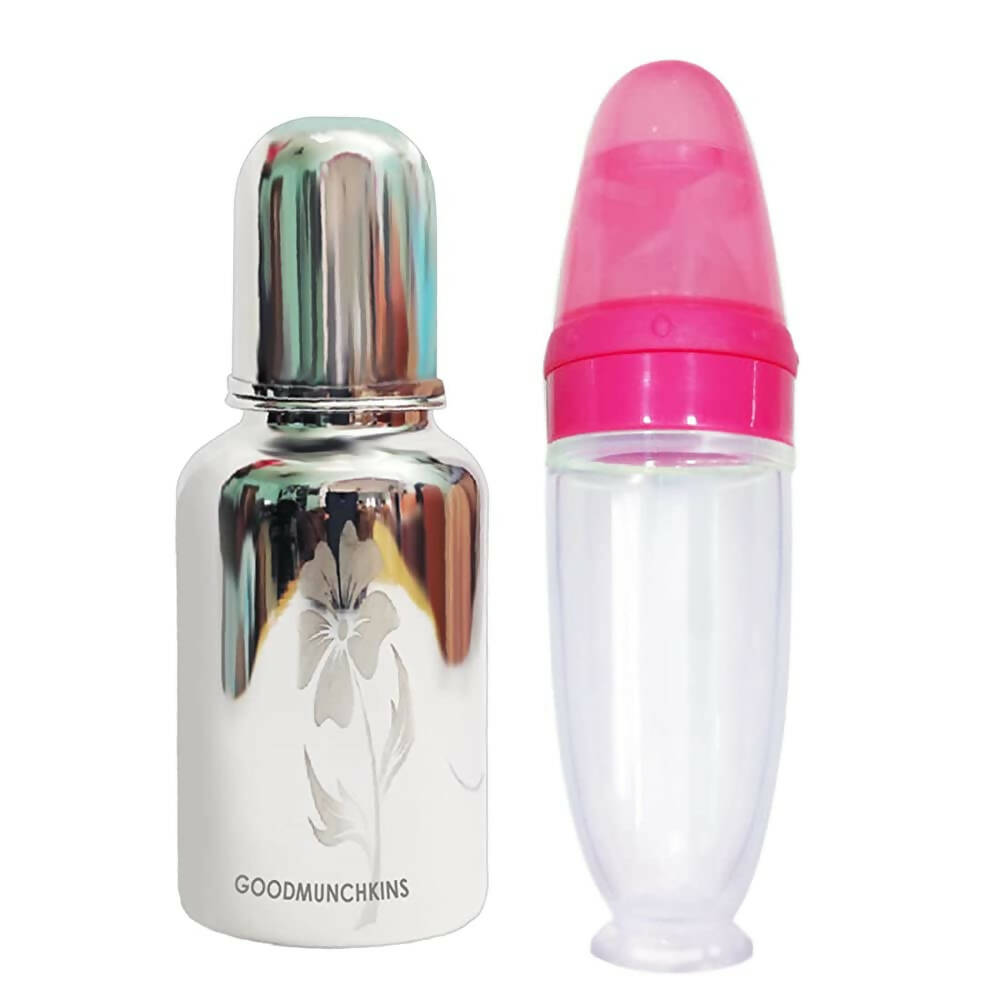 Goodmunchkins Stainless Steel Feeding Bottle With Spoon Food Feeder for Baby Anti Colic Silicon Nipple Feeder 300 ml Combo Pack-Pink | Grocsy
