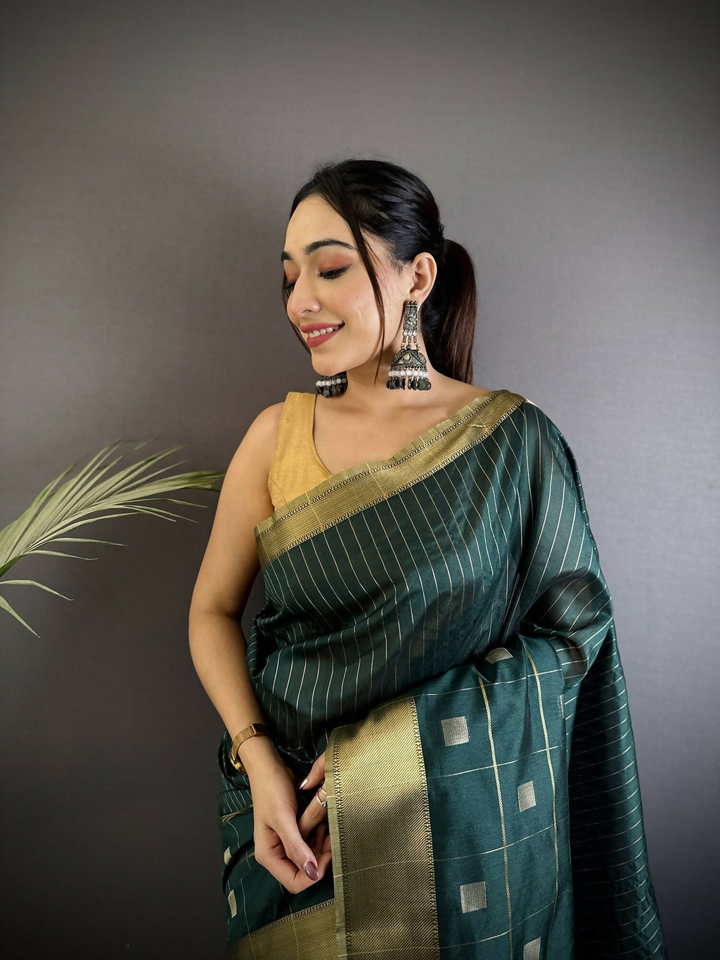 Joban Fashion Teal Bhagalpuri Cotton Silk Stripes/Box Saree | Grocsy