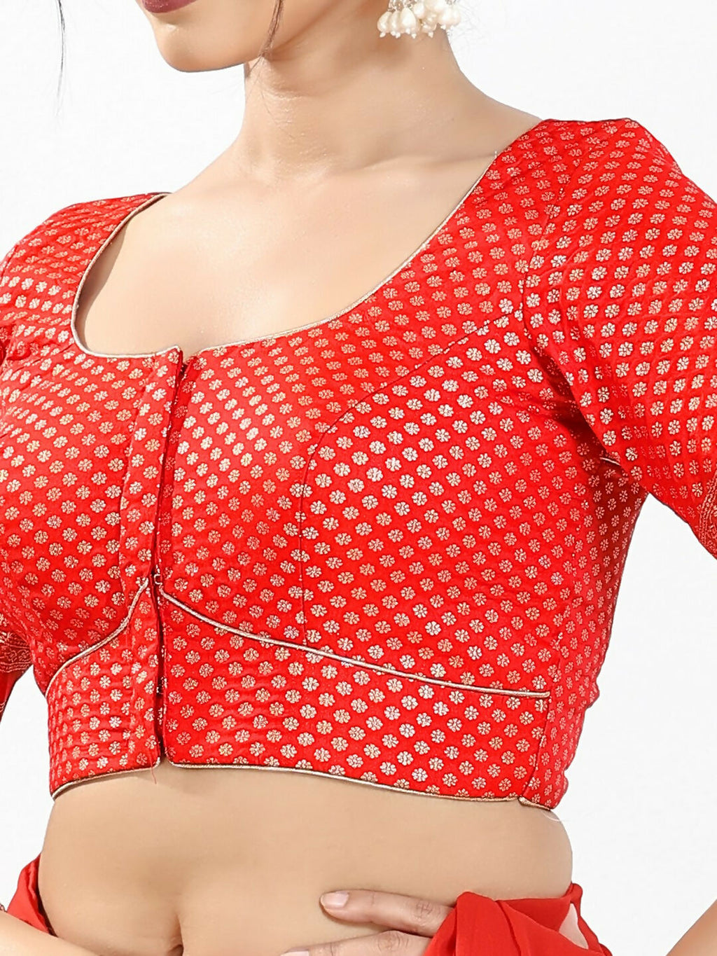 Joban Fashion Red Brocade Padded Blouse With Round Neck Elbow Sleeves | Grocsy