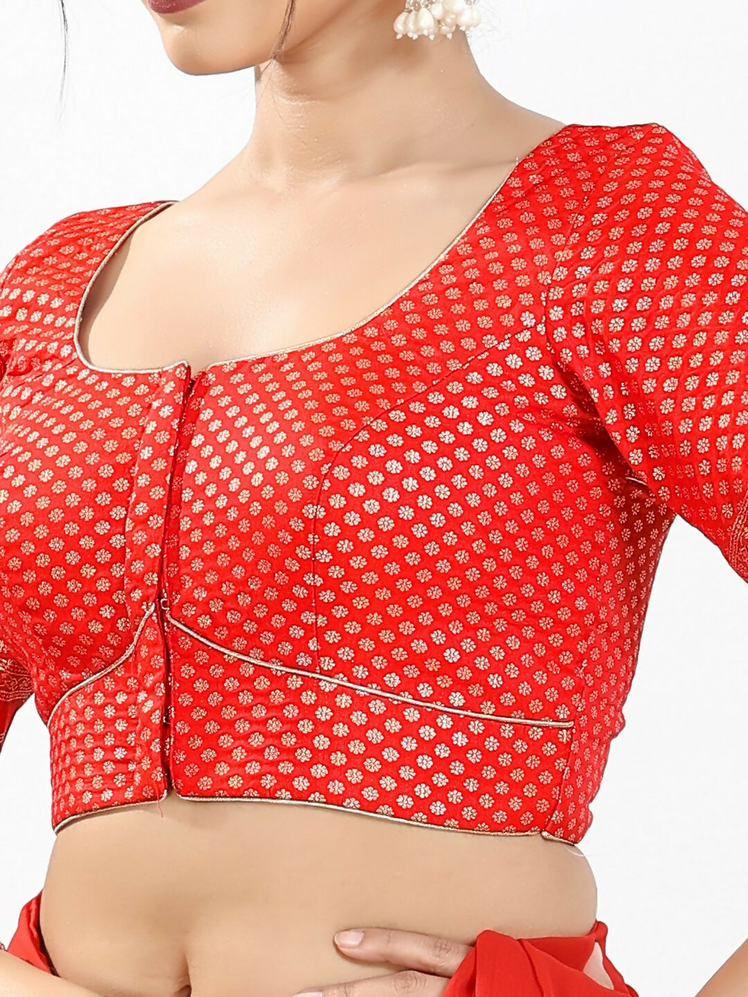 Joban Fashion Red Brocade Padded Blouse With Round Neck Elbow Sleeves | Grocsy