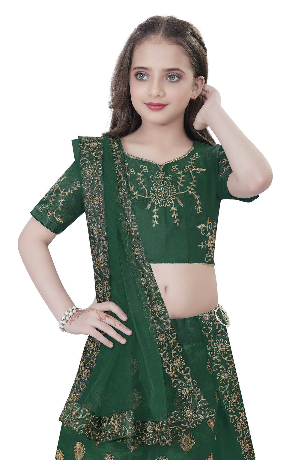 Dwiden Green Gulab Tafetta Sattin Semi-Stitched Girl'S Lehenga Choli | Grocsy