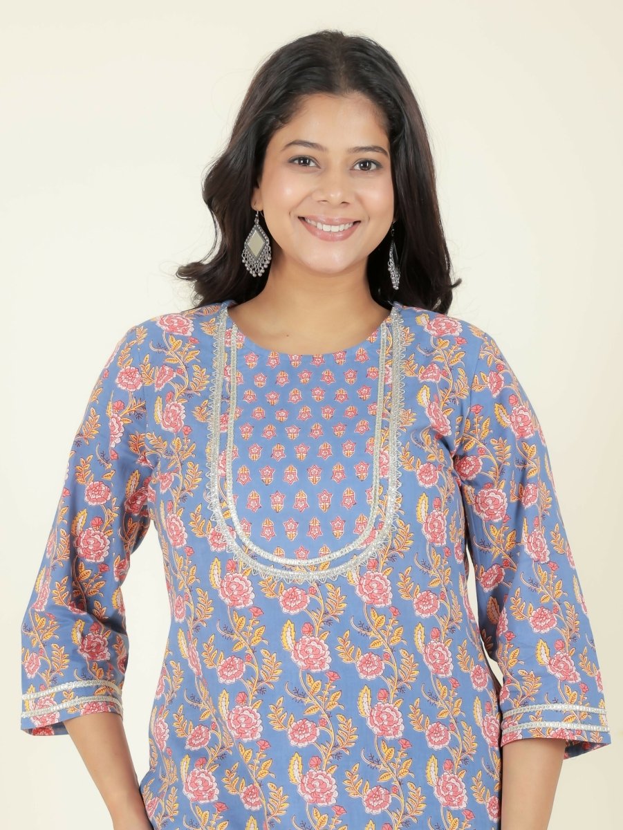 Aramya Straight Soft Cotton Floral Print Women's Kurta Set - Blue | Grocsy