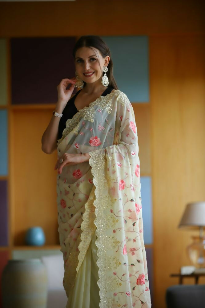 Vamsee Ashi Yellow Georgette Saree | Grocsy