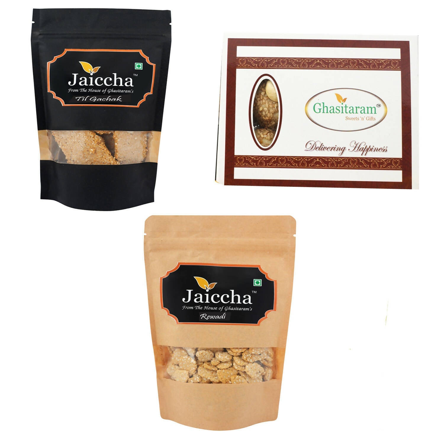 Ghasitaram Sankranti /Lohri Sweets Til Gachak, Gud Rewadi Pouches And MawacTil Laddoo(Bhuga) Box Combo | Grocsy