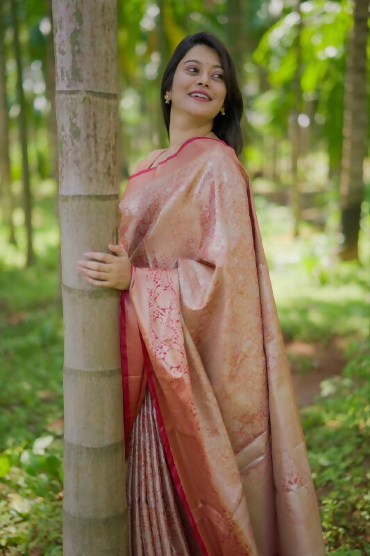 Prime Volt Bridal Kanchipuram Silk Saree with Rich Zari Weaving & Contrast Border-Orange | Grocsy