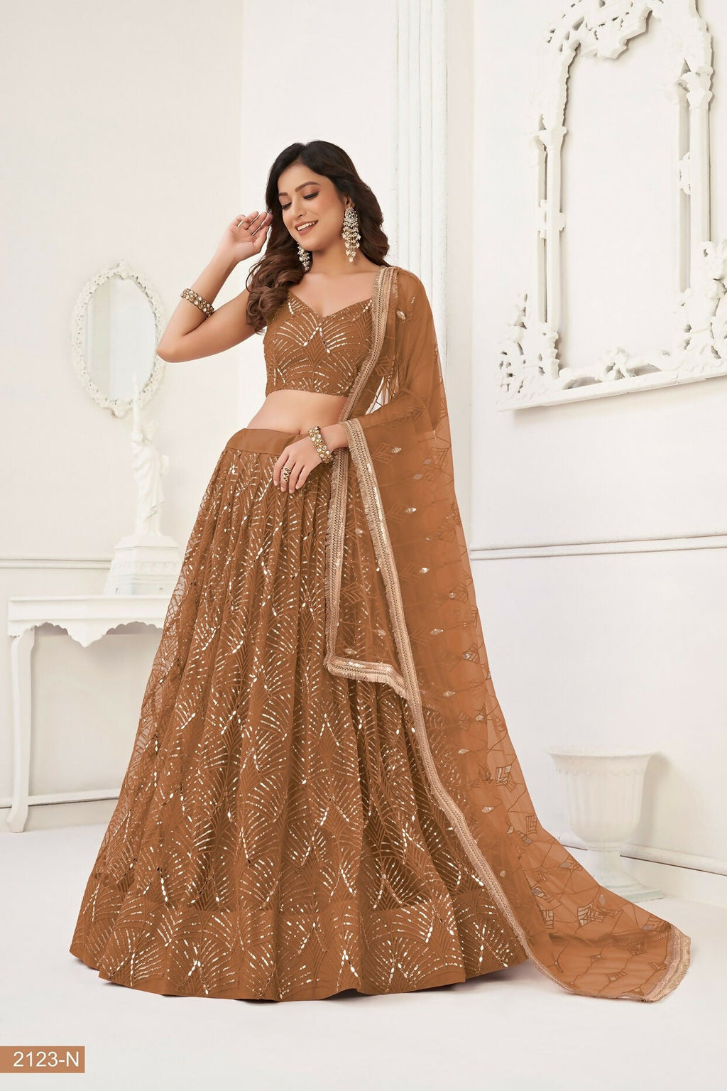 Eilara Brown Thread Sequin Embroidered Net Lehenga Set | Grocsy
