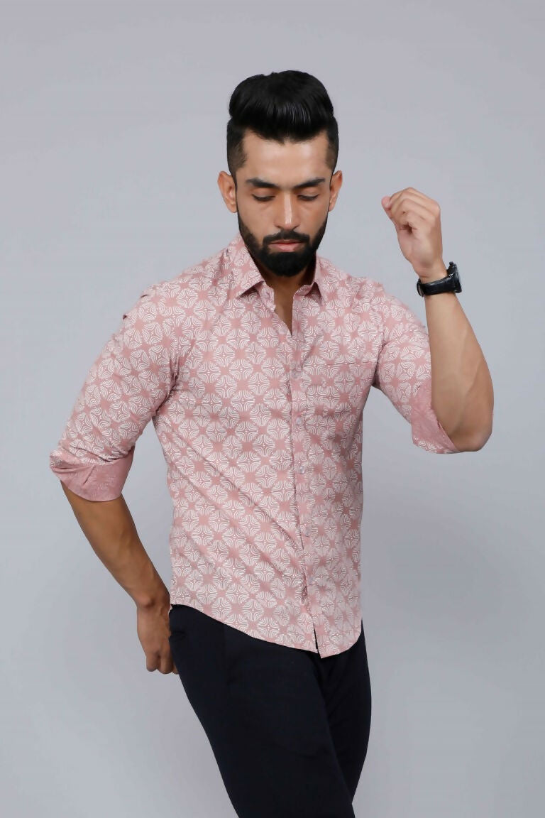 Miravan Men's Pink Pure Cotton Floral Print Slim Fit Casual Shirt | Grocsy