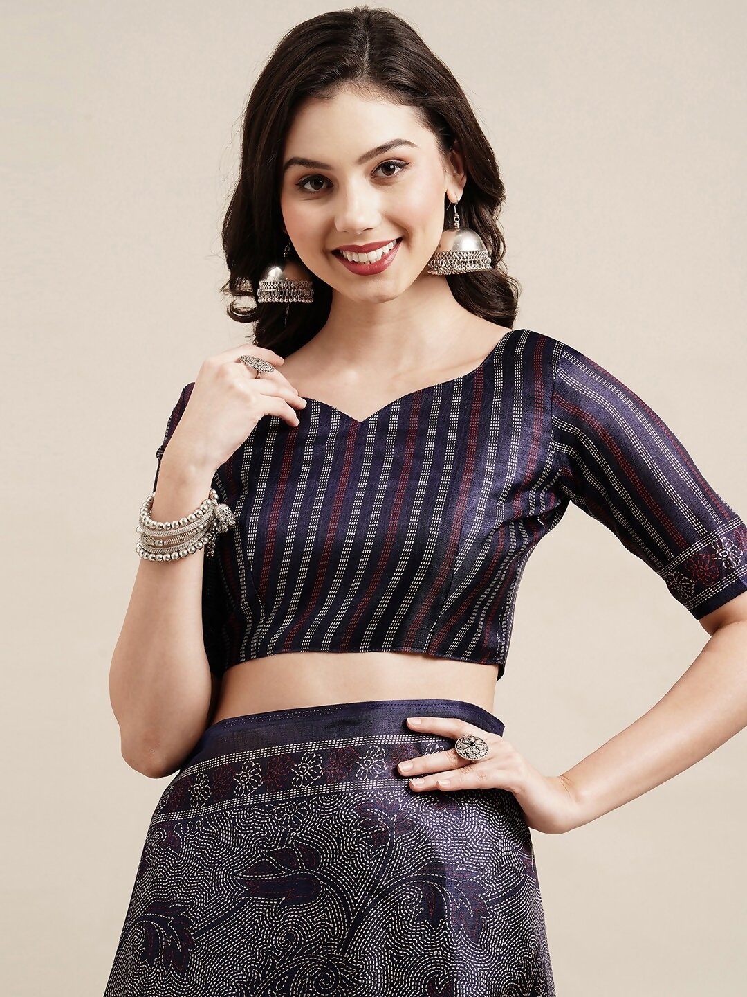 Saree Mall Navy Blue & Grey Floral Art Silk Bhagalpuri Sarees | Grocsy