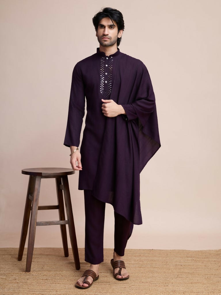 Vastranavya Traditional Festival Wear Viscose Thread & Sequence Embroidered Work Kurta Pant Set - Purple | Grocsy