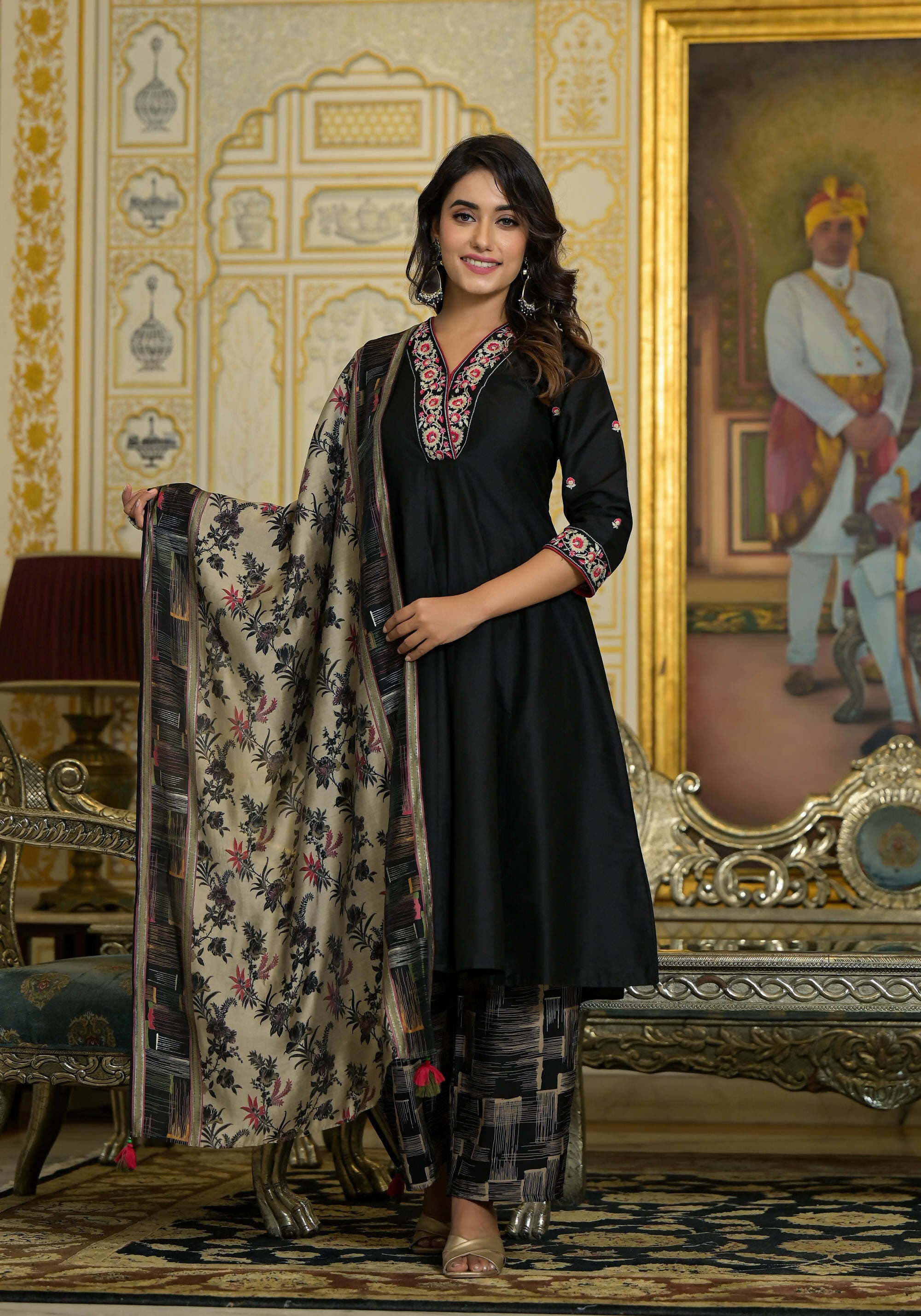 Juniper Women's Black Thread Embroidered Viscose Kurta Pant And Dupatta Set With Abstract Printed Pants | Grocsy