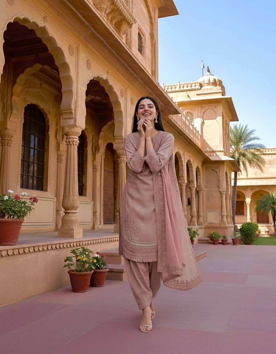 Teeya Creation Peach Color Natural Creap Silk Designer Fancy Party Wear Salwar Suit | Grocsy