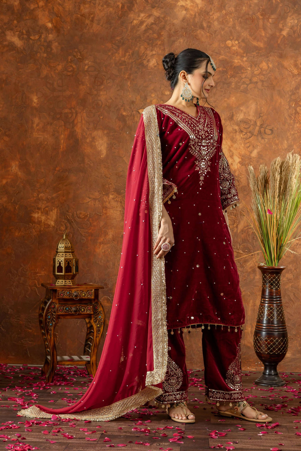 Joban Fashion Deep Maroon Velvet Embroidery Kurta Set | Grocsy