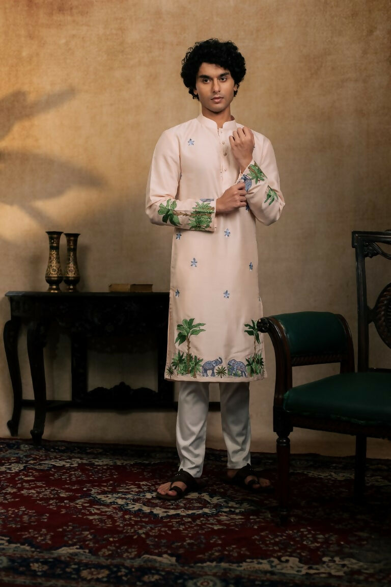 Falling Raw Silk Peach Gajavana Kurta Set By Hilo Design | Grocsy