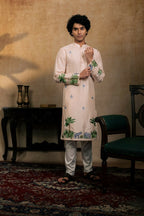 Falling Raw Silk Peach Gajavana Kurta Set By Hilo Design | Grocsy