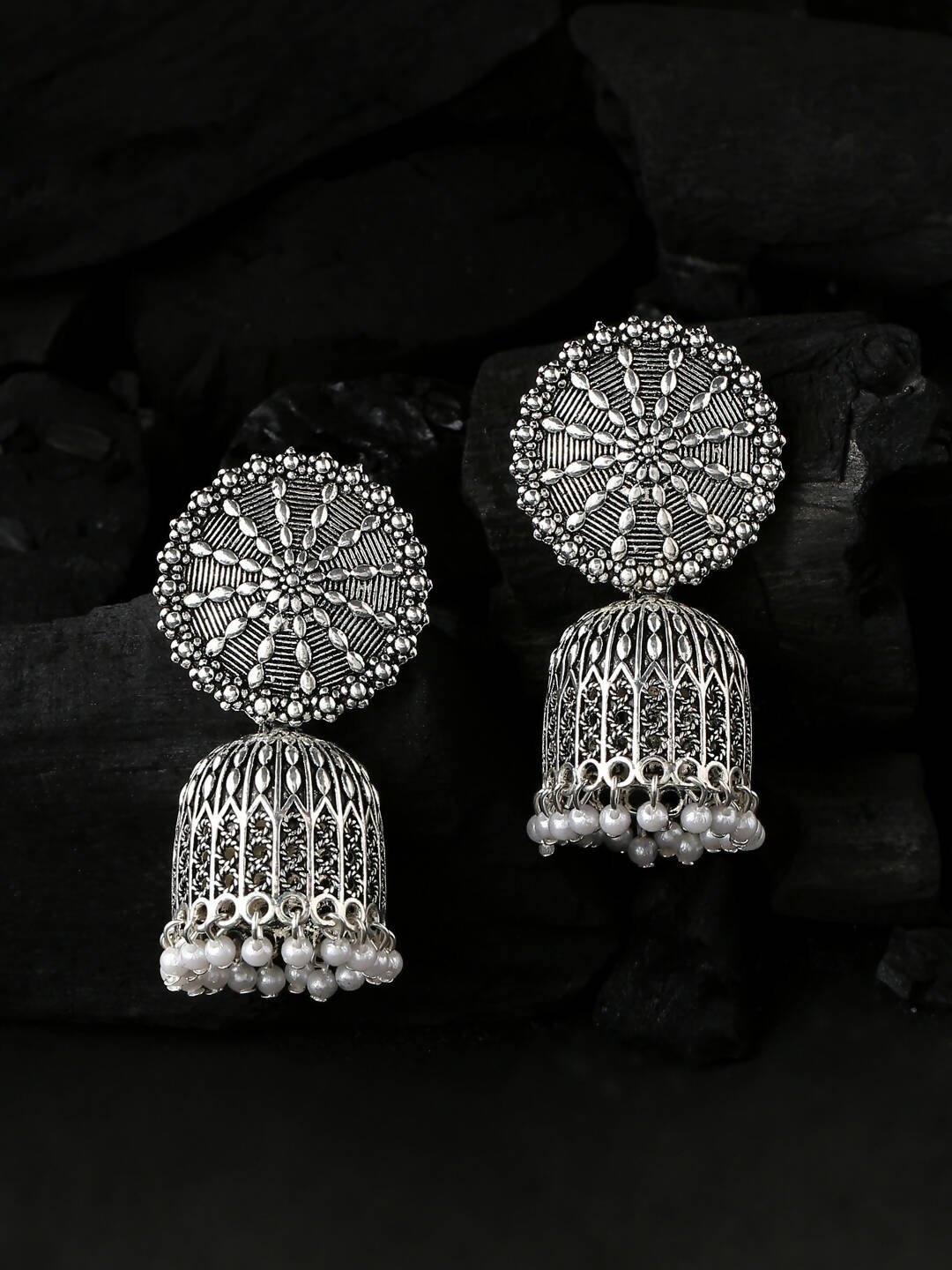 NVR Women Silver Toned Dome Shaped Jhumkas Earrings | Grocsy