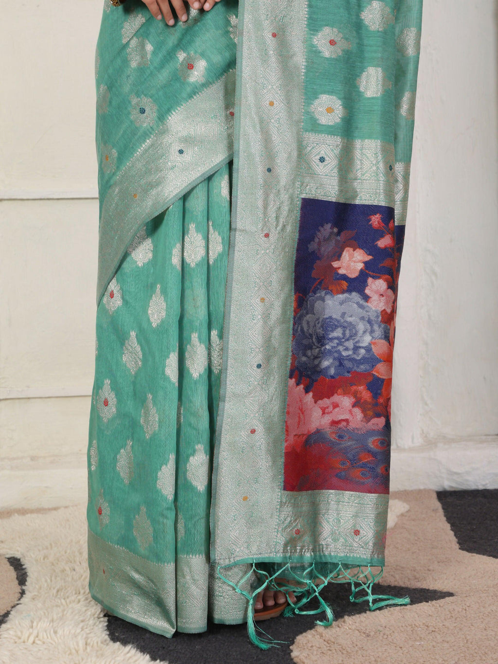 Shree Shyam Fashion Linen Cotton Rama Green Saree | Grocsy