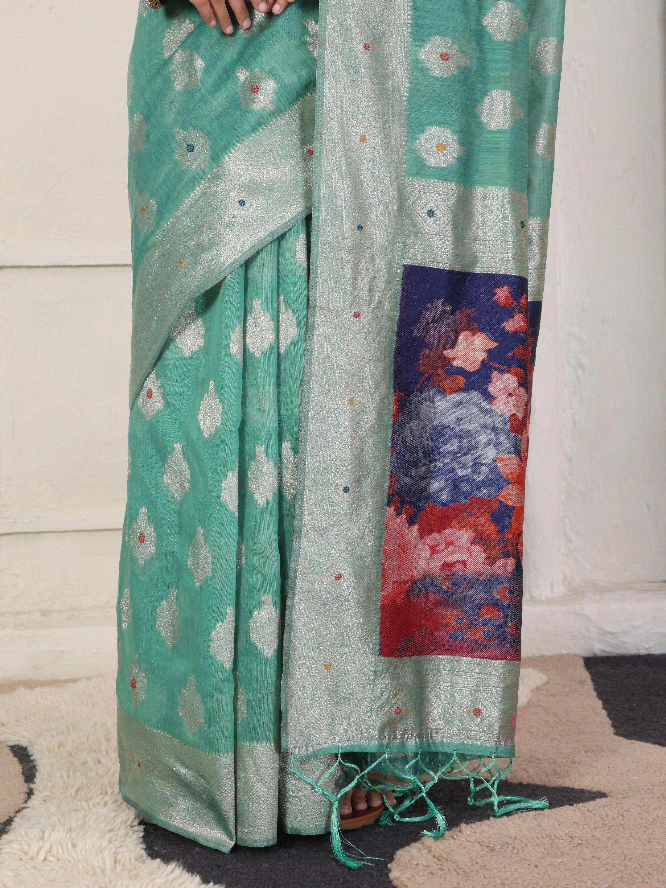 Shree Shyam Fashion Linen Cotton Rama Green Saree | Grocsy