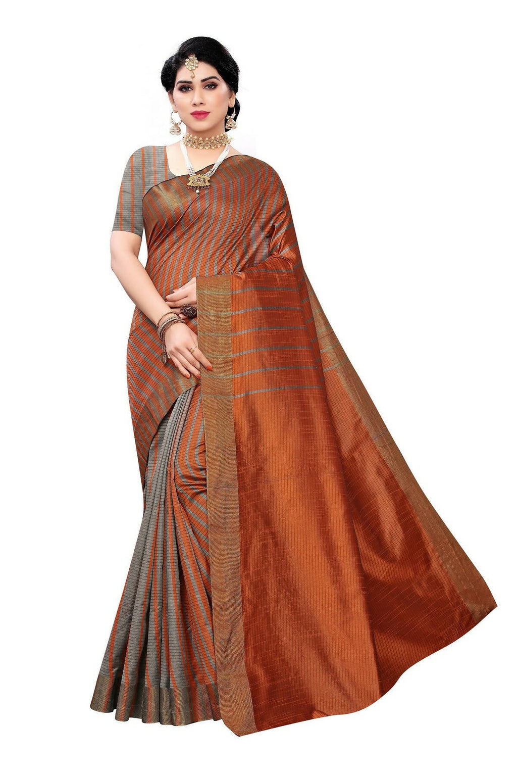 Vamika Brown Cotton Silk Weaving Saree (Paithani Chiku) | Grocsy