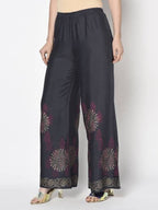Aniyah Rayon Dark Grey Color Block Print Flared Slip-On Palazzo (AN-201K) | Grocsy
