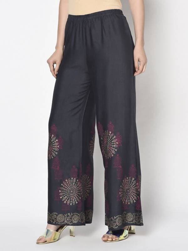 Aniyah Rayon Dark Grey Color Block Print Flared Slip-On Palazzo (AN-201K) | Grocsy