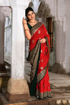 Joban Fashion Red Crepe Chiffon Pure Handloom Banarasi Silk Saree | Grocsy