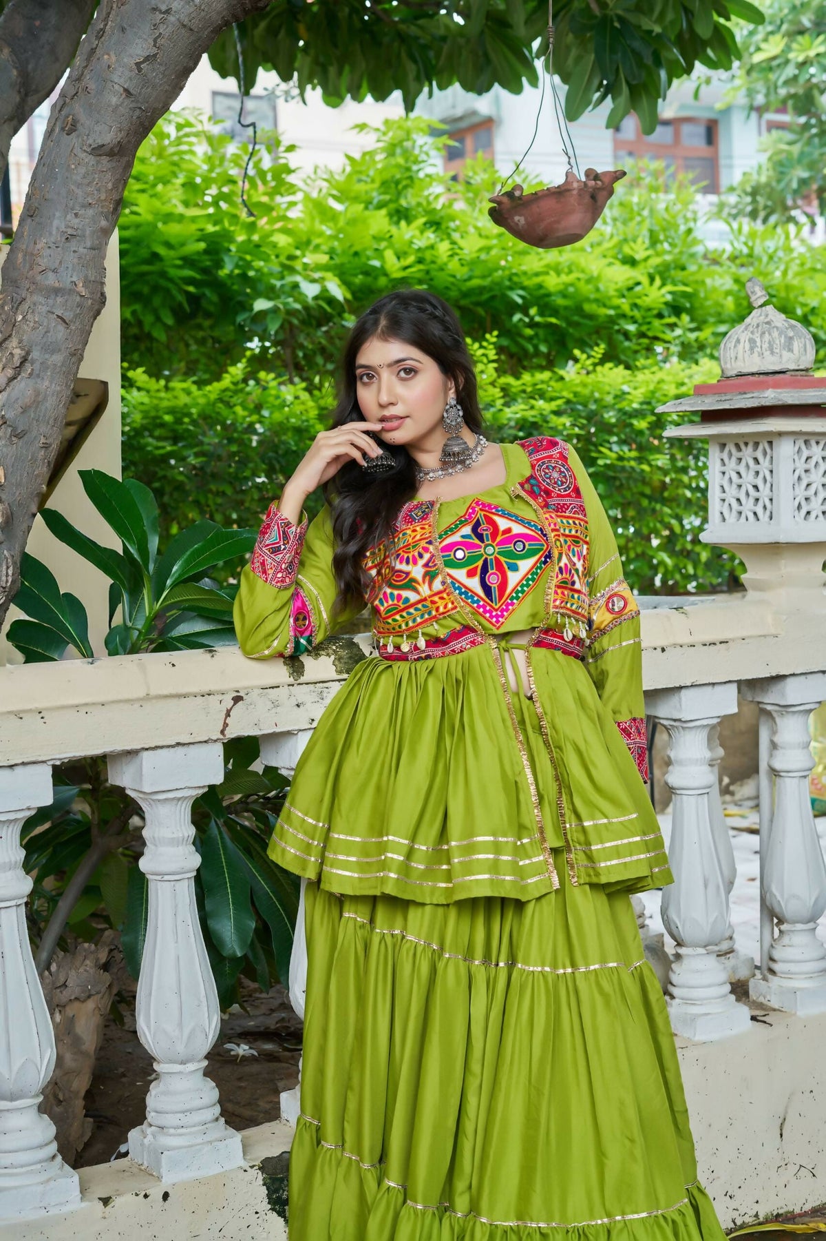 Teeya Creation Womens New Stylish Heavy Gamthi Work With Mirror Lace Work Green Gown Set | Grocsy