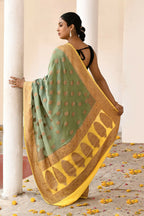 Joban Fashion Grass Green Crepe Chiffon Pure Handloom Banarasi Silk Saree | Grocsy