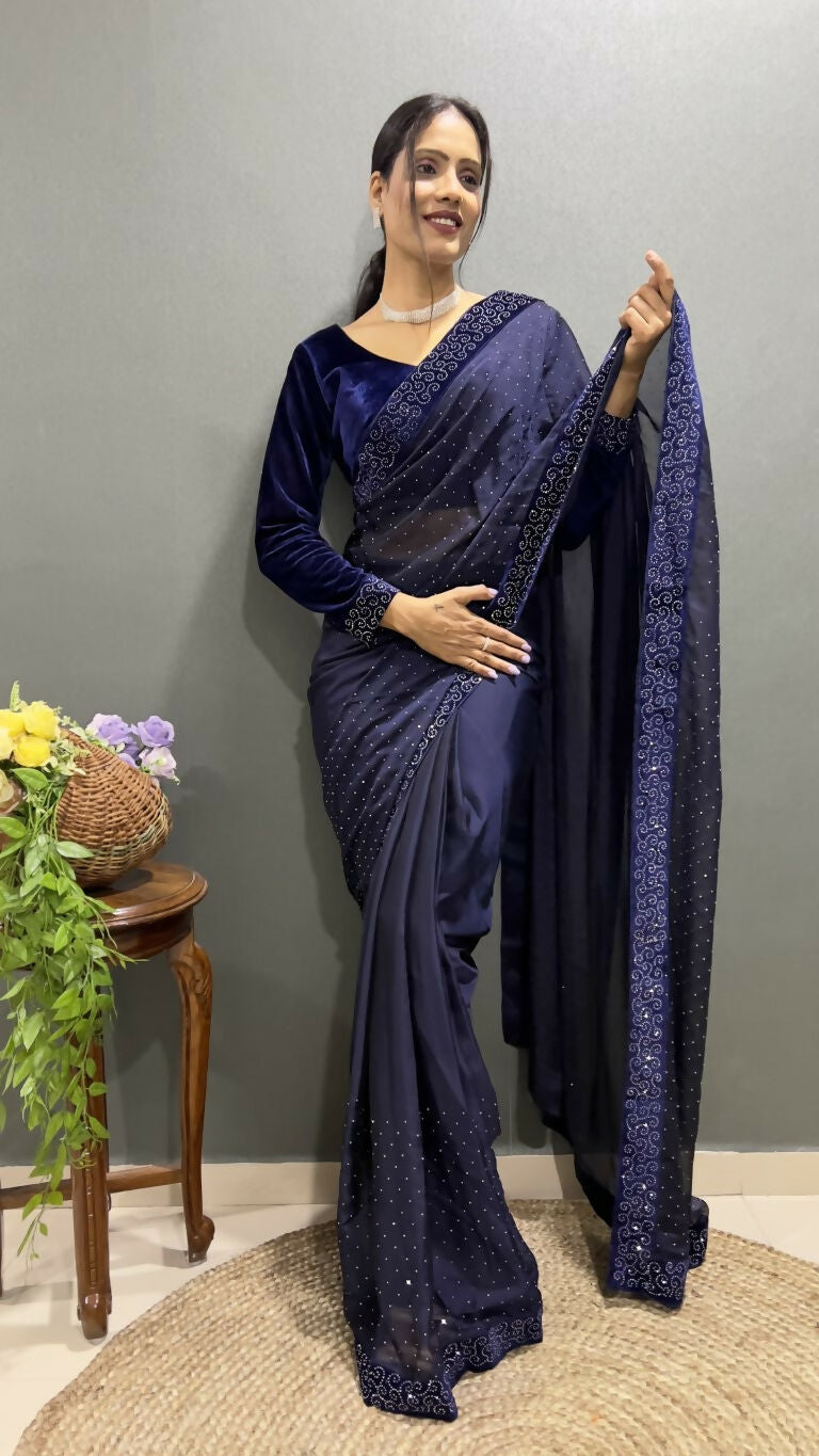 Vastranavya Dark Purple Rangoli Silk Swarovski work Ready to Wear Saree | Grocsy