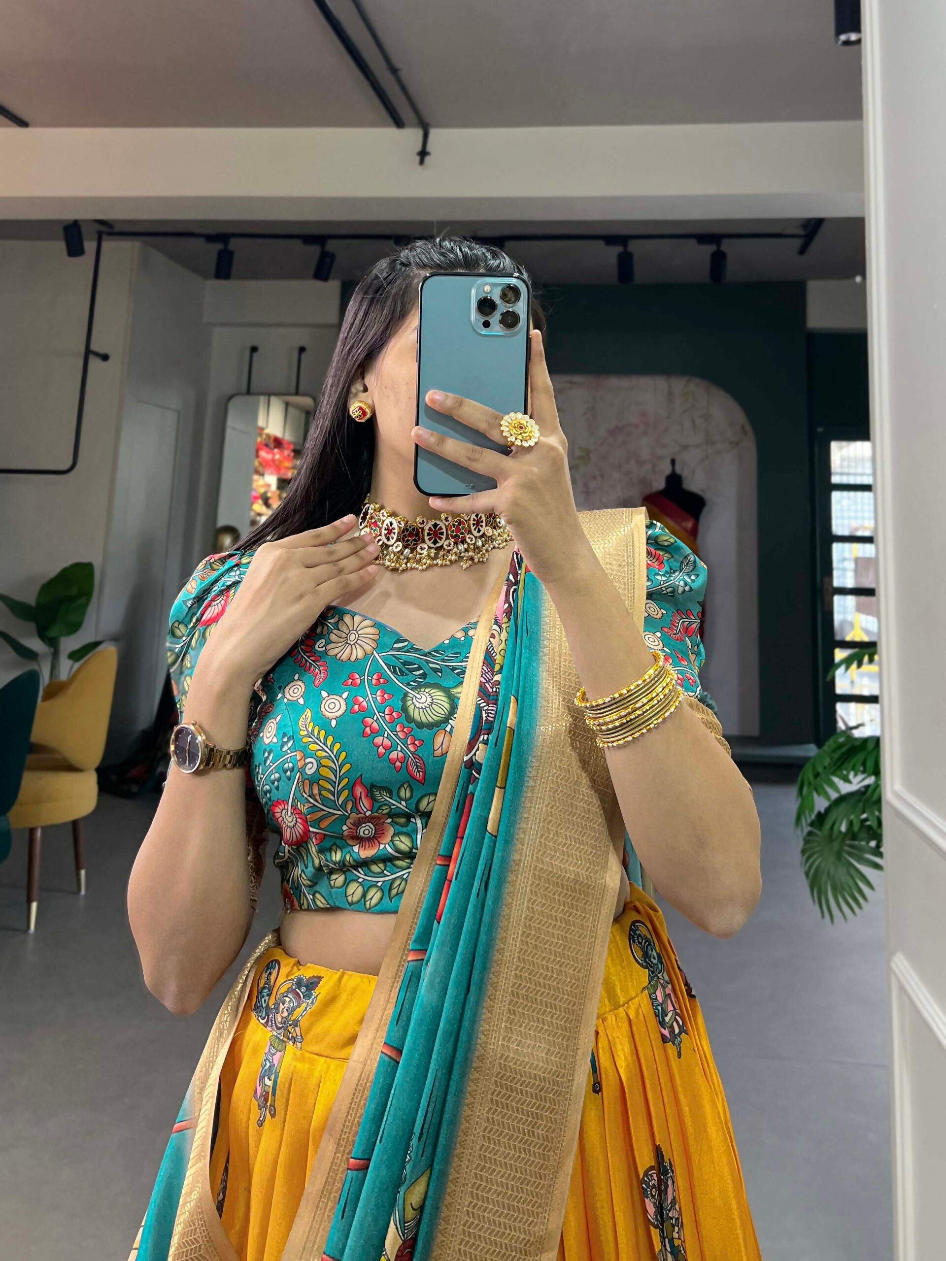 Vastranavya Kalamkari Print With Weaving Border Lehenga with Unstitched Blouse - Yellow | Grocsy