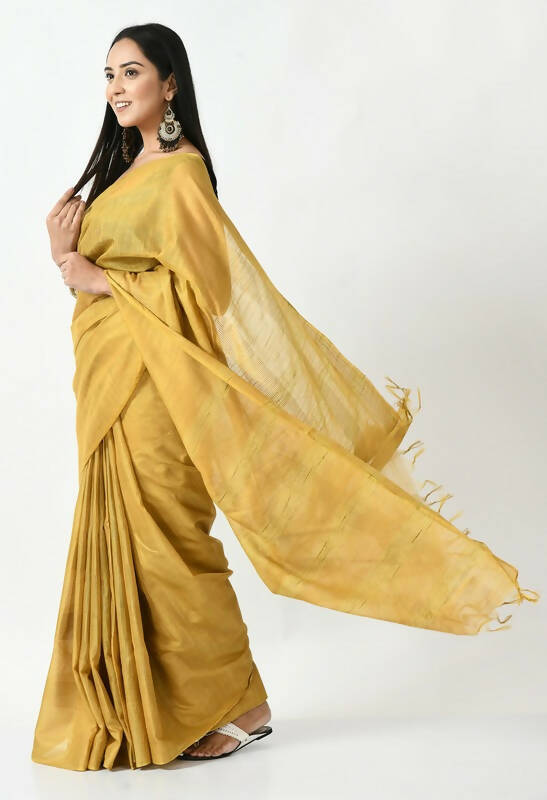 Mominos Fashion Moeza Golden Bhagalpuri Handloom 8 Line Ghichha Silk Saree with unstitched Blouse piece | Grocsy