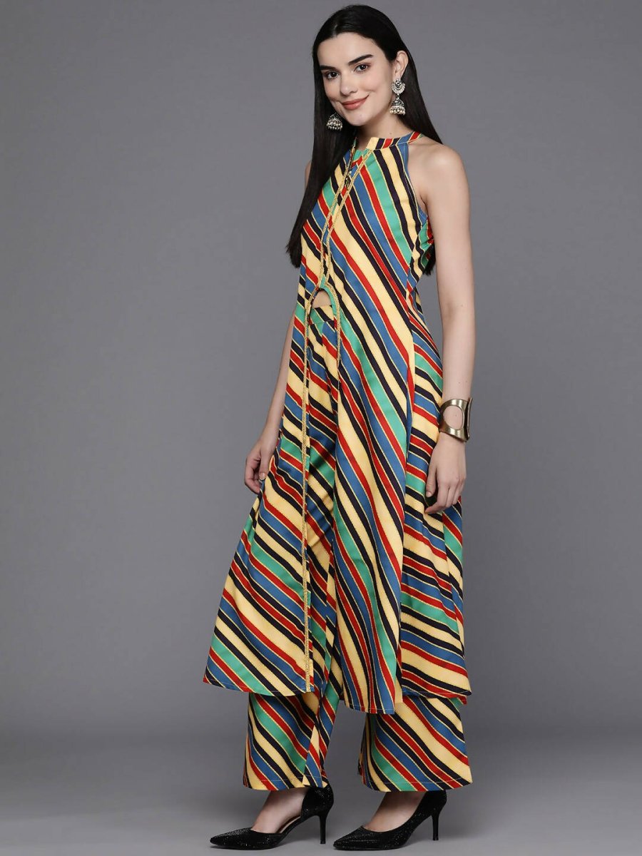 Ahalyaa Women Striped High Slit Kurta with Palazzos - Green Color | Grocsy
