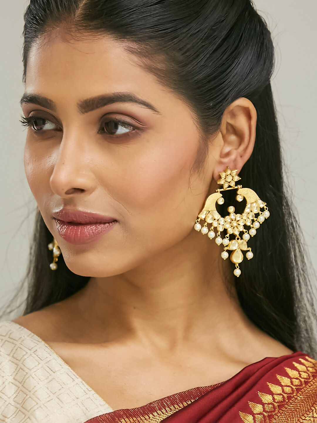 Nuyug 22K Gold-Plated Kundan and Pearl Earrings with Floral Stud and Intricate Crescent Design Chandbalis | Grocsy