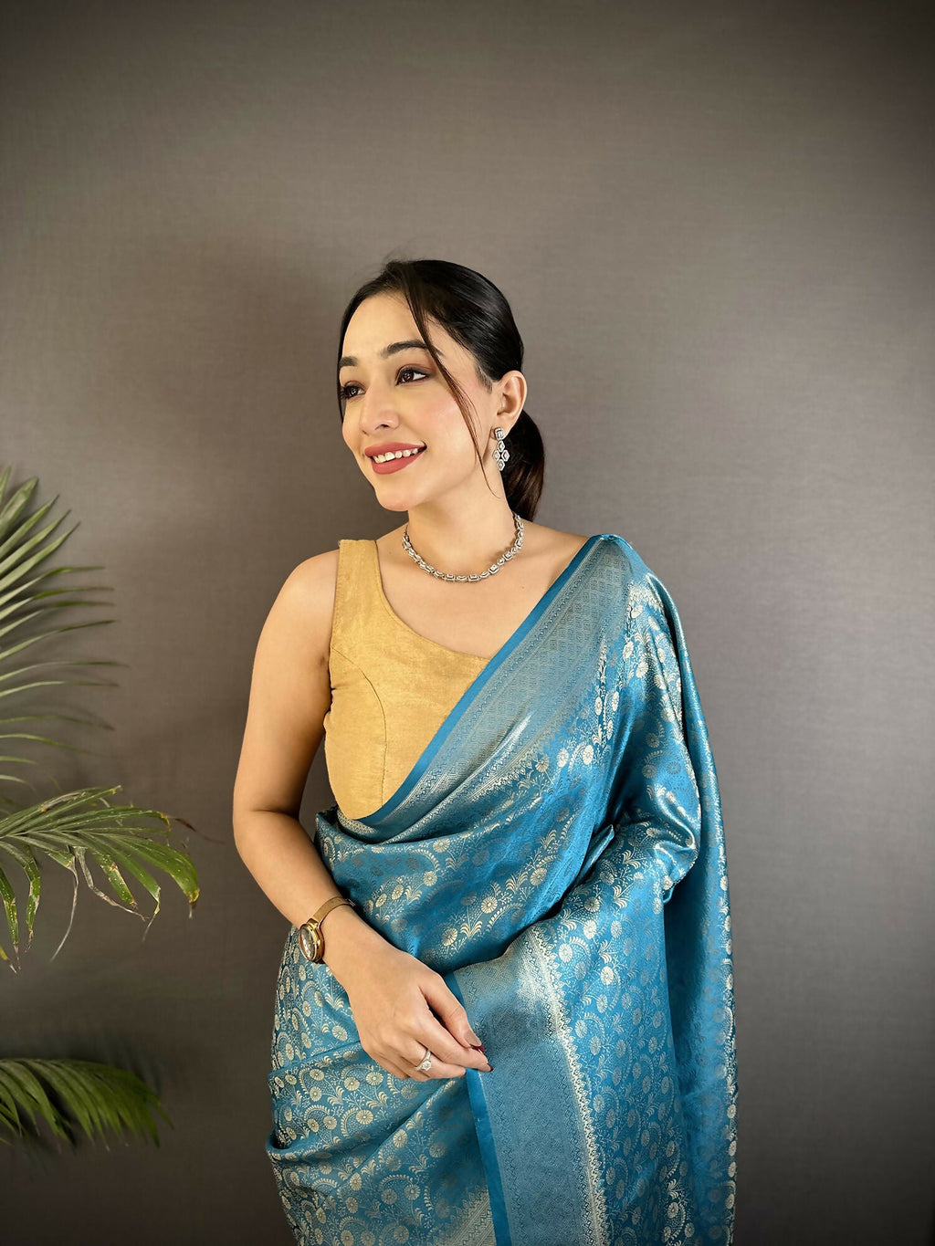 Joban Fashion Aqua Blue Floral & Paisley Motifs Soft Satin Silk Banarasi Saree | Grocsy