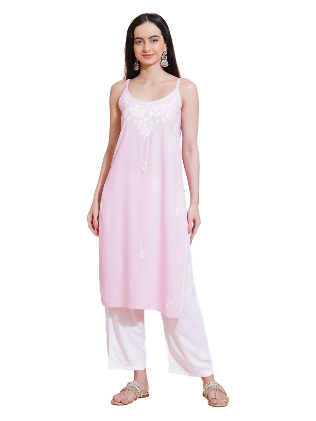Pahnaz Luxury Rayon Chikankari Sleeveless Long Kurti-Pink | Grocsy