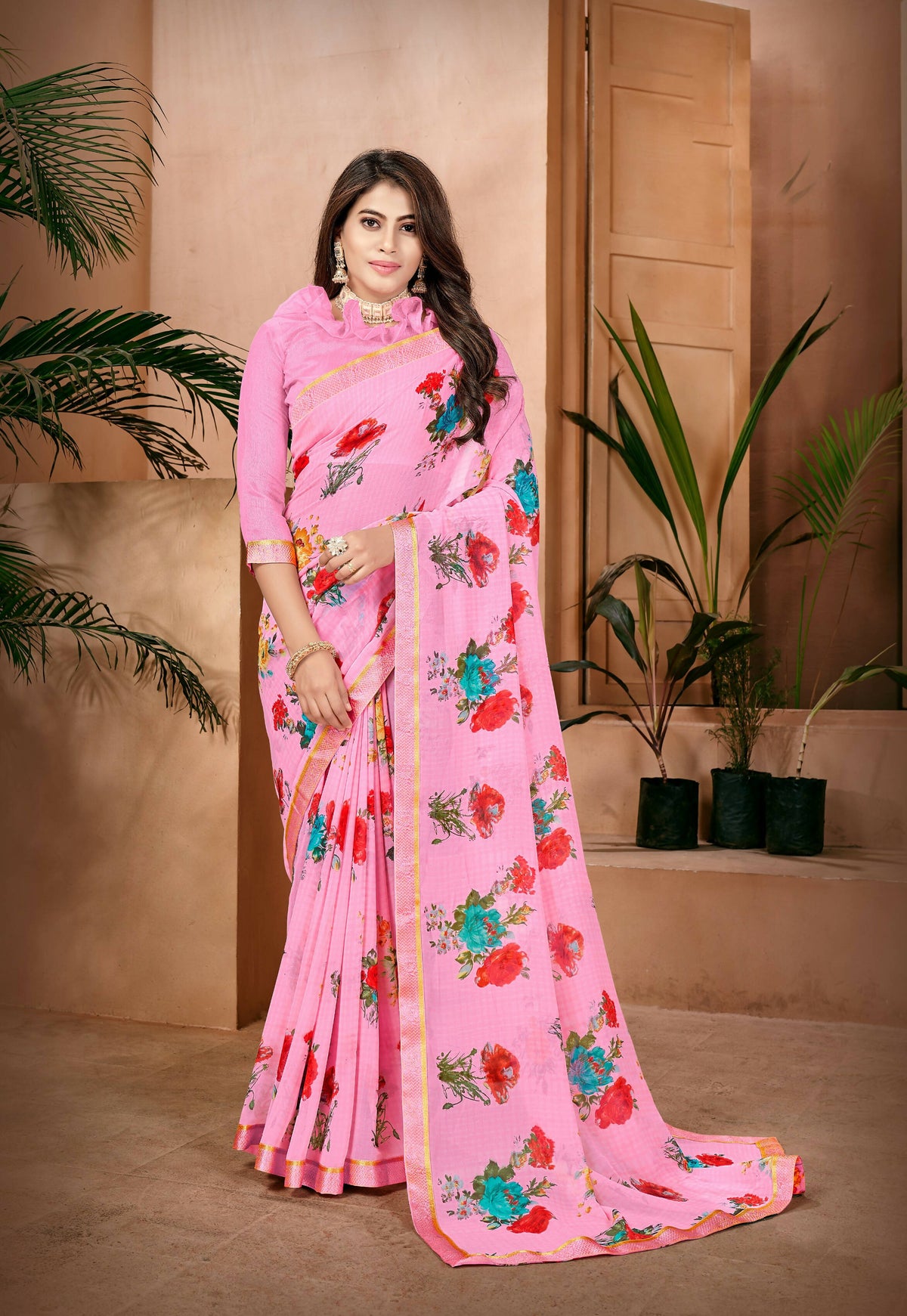 Pink Georgette Floral Printed Saree With Unstitched Blouse Piece - Jyoti | Grocsy