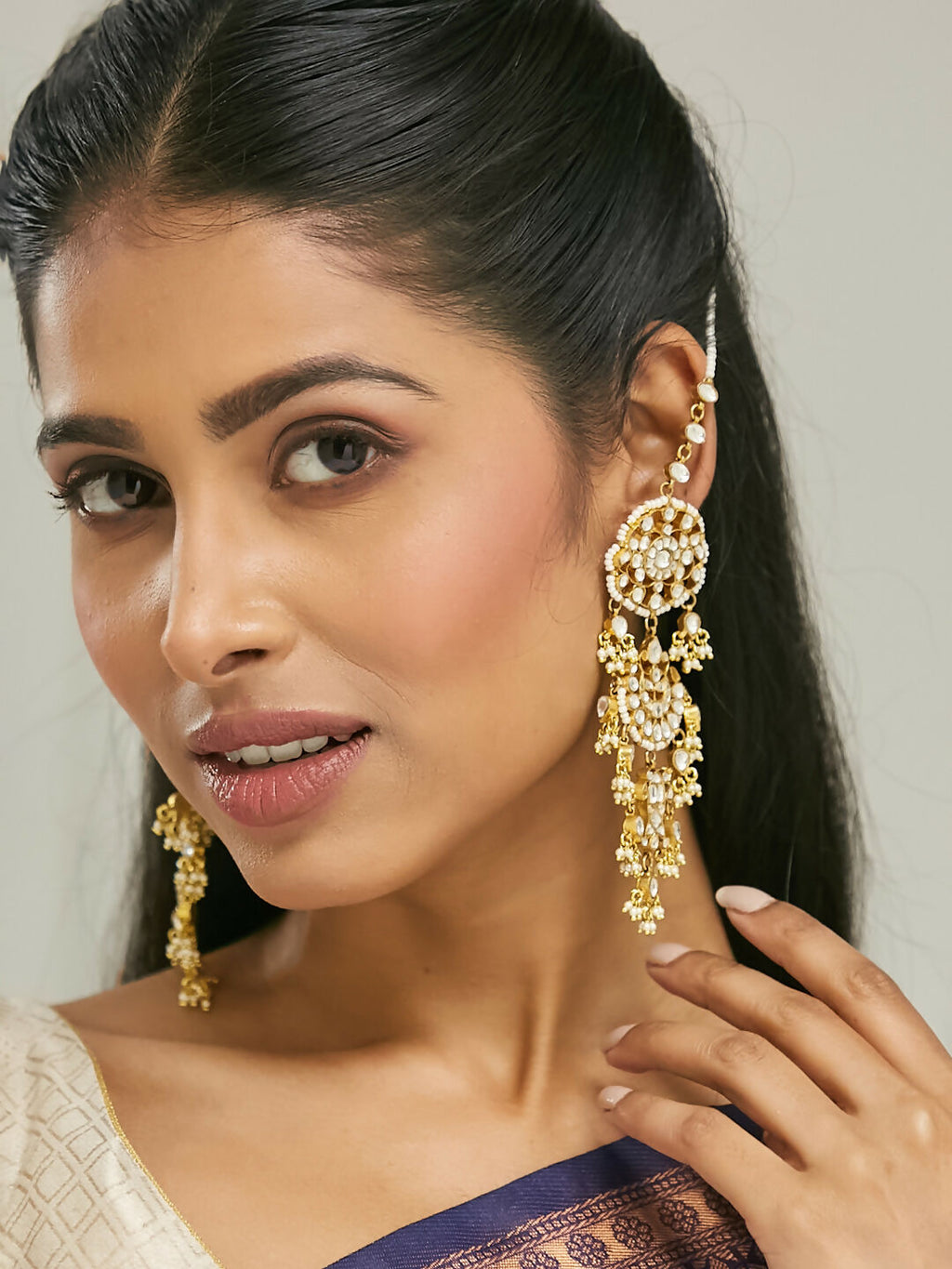 Nuyug 22 K Gold-Plated Elegant Kundan Studded & Pearl Beaded Crescent Shaped Kanauti Earrings | Grocsy
