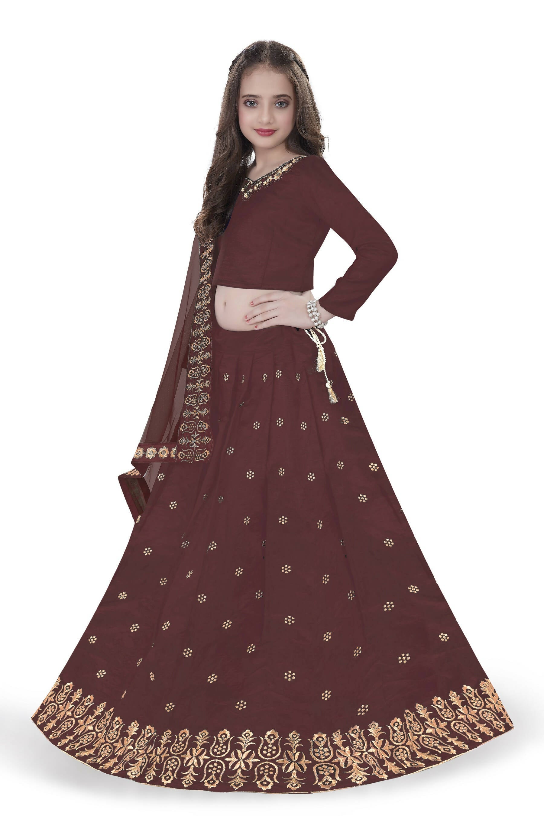 Dwiden Maroon Queen Tafetta Sattin Semi-Stitched Girl's Lehenga Choli | Grocsy
