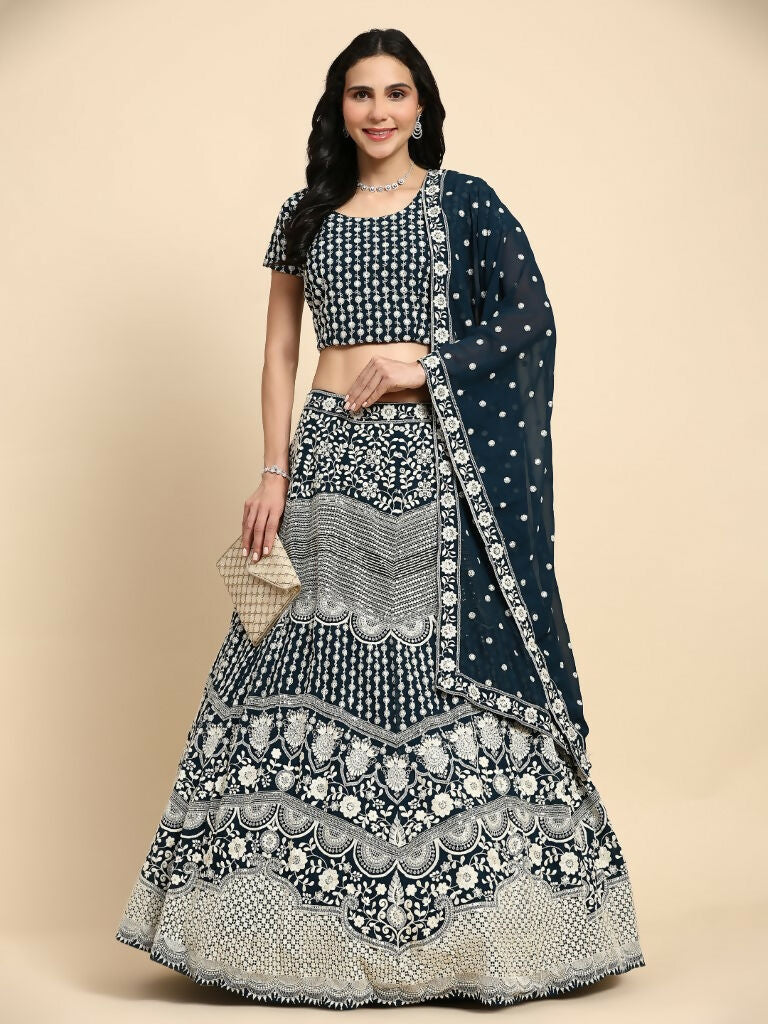 Blue Georgette Thread Embroidered Lehenga Choli with Dupatta - Tanya | Grocsy